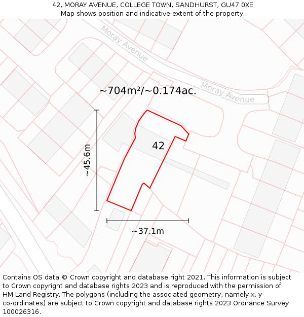 42, MORAY AVENUE, COLLEGE TOWN, SANDHURST, GU47 0XE: Plot and title map