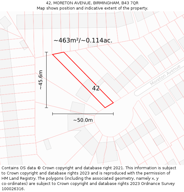 42, MORETON AVENUE, BIRMINGHAM, B43 7QR: Plot and title map