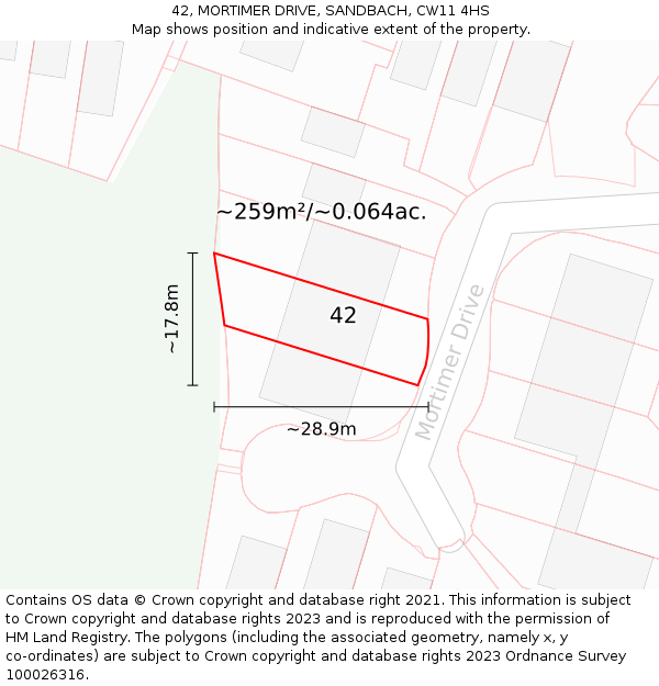 42, MORTIMER DRIVE, SANDBACH, CW11 4HS: Plot and title map