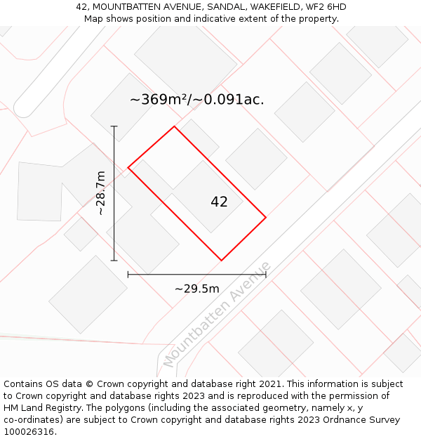 42, MOUNTBATTEN AVENUE, SANDAL, WAKEFIELD, WF2 6HD: Plot and title map