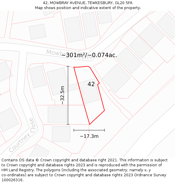 42, MOWBRAY AVENUE, TEWKESBURY, GL20 5FA: Plot and title map