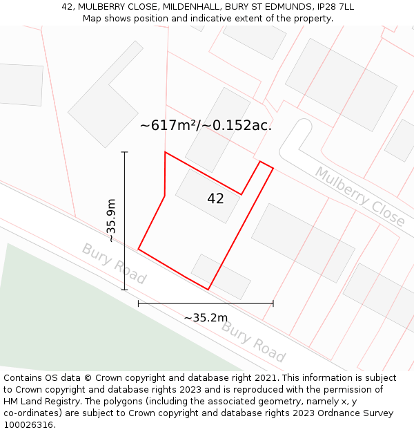 42, MULBERRY CLOSE, MILDENHALL, BURY ST EDMUNDS, IP28 7LL: Plot and title map
