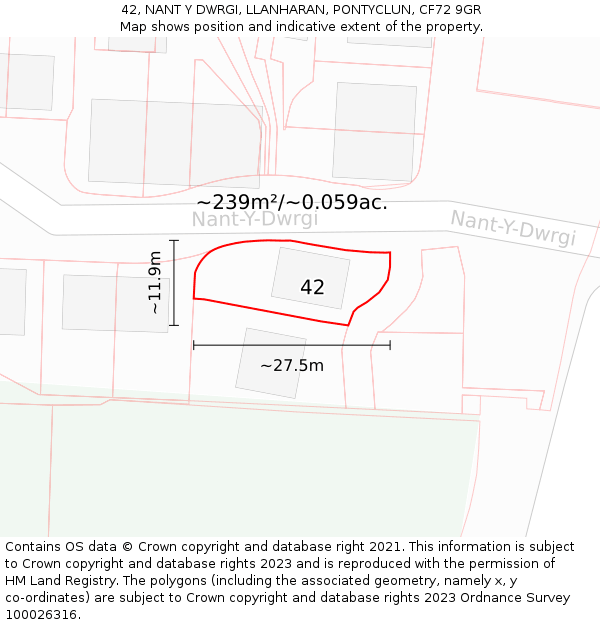 42, NANT Y DWRGI, LLANHARAN, PONTYCLUN, CF72 9GR: Plot and title map