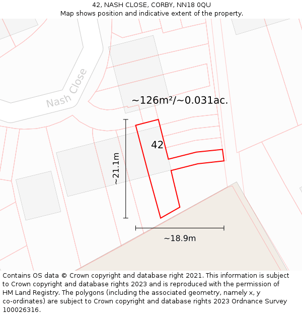 42, NASH CLOSE, CORBY, NN18 0QU: Plot and title map