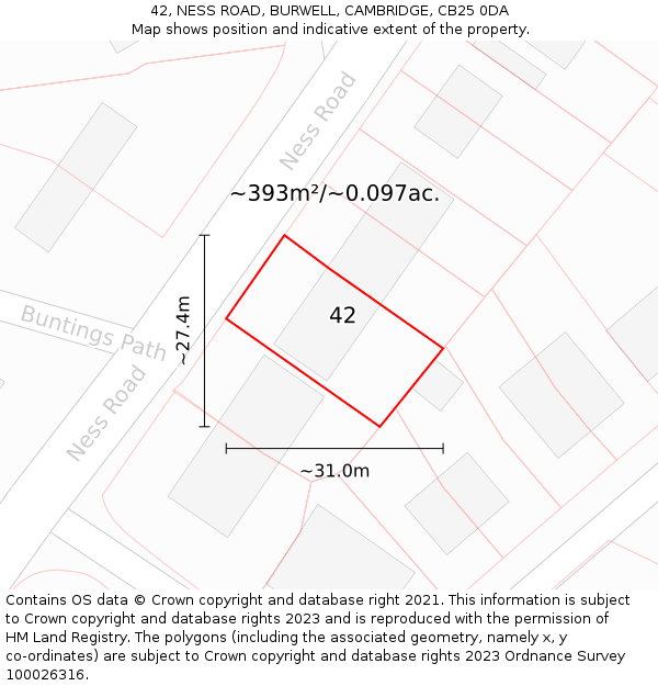 42, NESS ROAD, BURWELL, CAMBRIDGE, CB25 0DA: Plot and title map