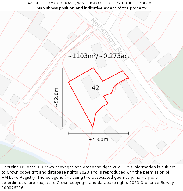 42, NETHERMOOR ROAD, WINGERWORTH, CHESTERFIELD, S42 6LH: Plot and title map