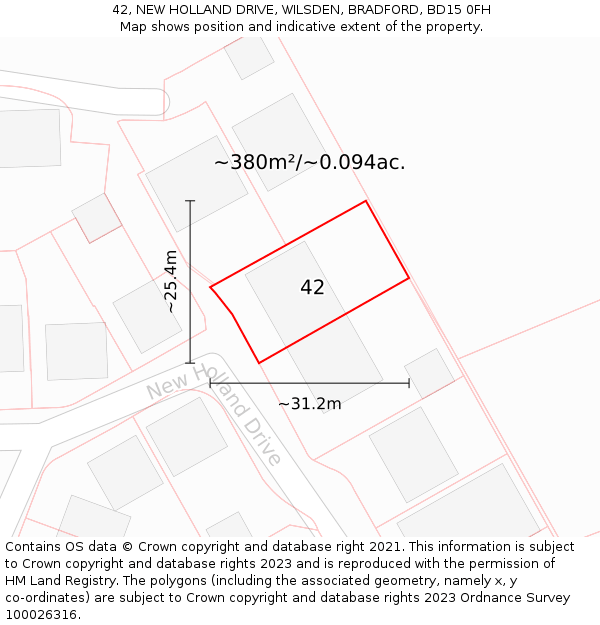 42, NEW HOLLAND DRIVE, WILSDEN, BRADFORD, BD15 0FH: Plot and title map