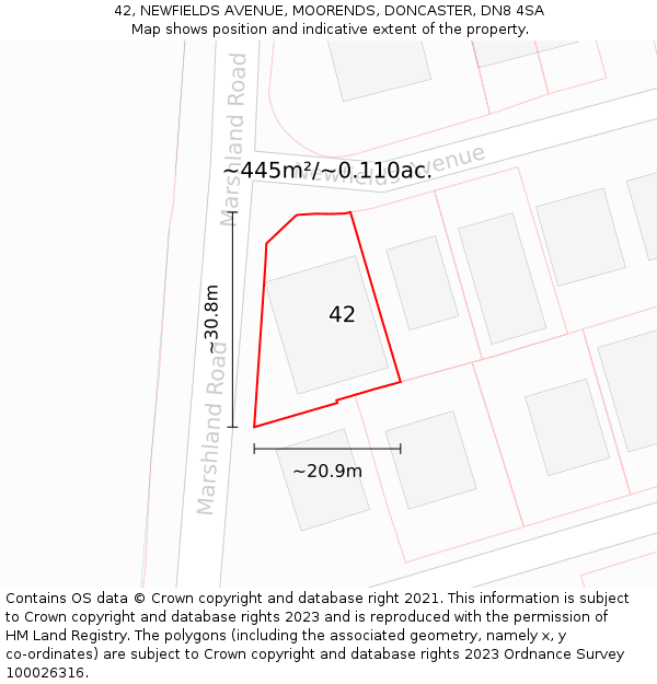 42, NEWFIELDS AVENUE, MOORENDS, DONCASTER, DN8 4SA: Plot and title map