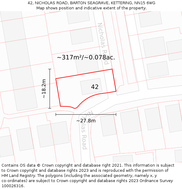 42, NICHOLAS ROAD, BARTON SEAGRAVE, KETTERING, NN15 6WG: Plot and title map