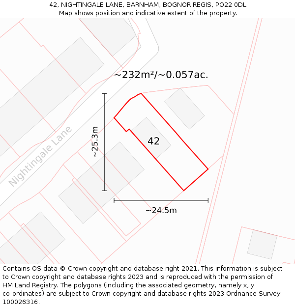 42, NIGHTINGALE LANE, BARNHAM, BOGNOR REGIS, PO22 0DL: Plot and title map