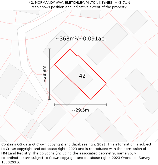 42, NORMANDY WAY, BLETCHLEY, MILTON KEYNES, MK3 7UN: Plot and title map