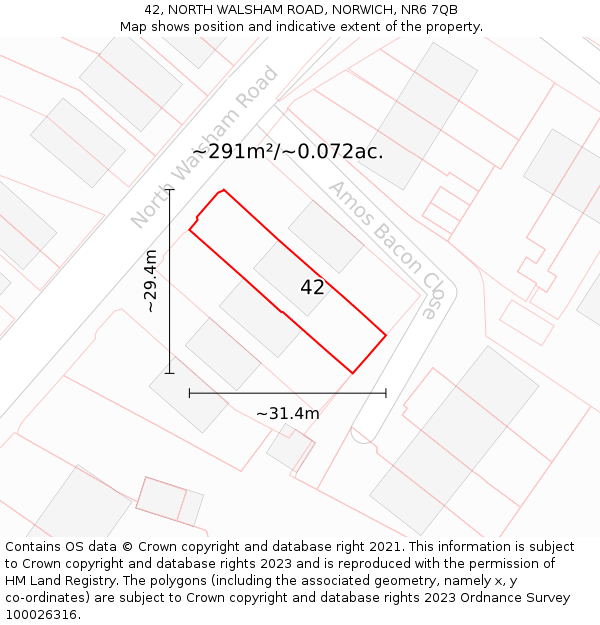 42, NORTH WALSHAM ROAD, NORWICH, NR6 7QB: Plot and title map