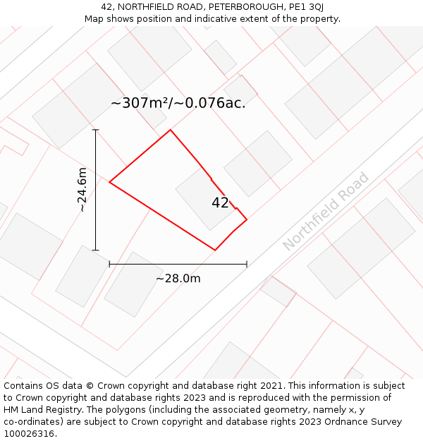 42, NORTHFIELD ROAD, PETERBOROUGH, PE1 3QJ: Plot and title map