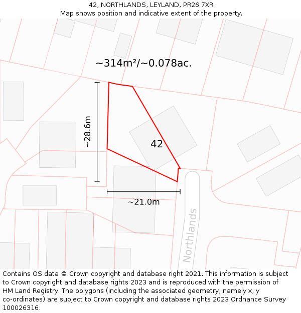 42, NORTHLANDS, LEYLAND, PR26 7XR: Plot and title map