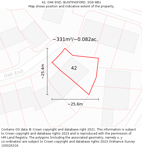 42, OAK END, BUNTINGFORD, SG9 9BU: Plot and title map