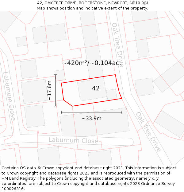42, OAK TREE DRIVE, ROGERSTONE, NEWPORT, NP10 9JN: Plot and title map