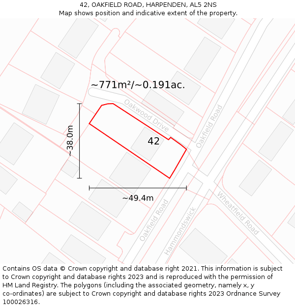 42, OAKFIELD ROAD, HARPENDEN, AL5 2NS: Plot and title map