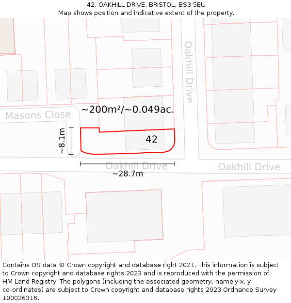42, OAKHILL DRIVE, BRISTOL, BS3 5EU: Plot and title map
