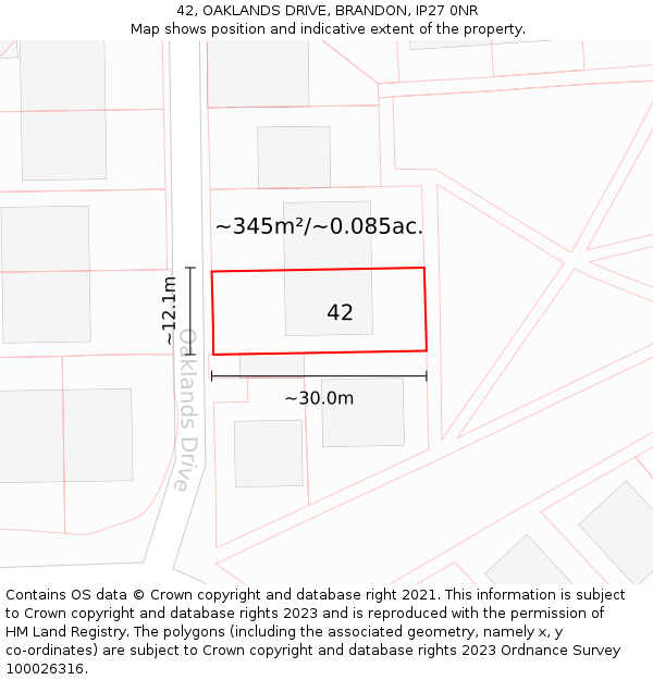 42, OAKLANDS DRIVE, BRANDON, IP27 0NR: Plot and title map