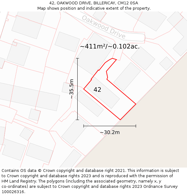 42, OAKWOOD DRIVE, BILLERICAY, CM12 0SA: Plot and title map