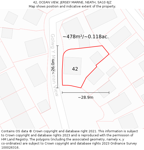 42, OCEAN VIEW, JERSEY MARINE, NEATH, SA10 6JZ: Plot and title map