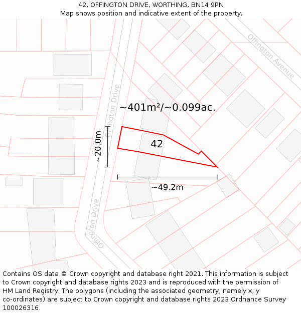 42, OFFINGTON DRIVE, WORTHING, BN14 9PN: Plot and title map
