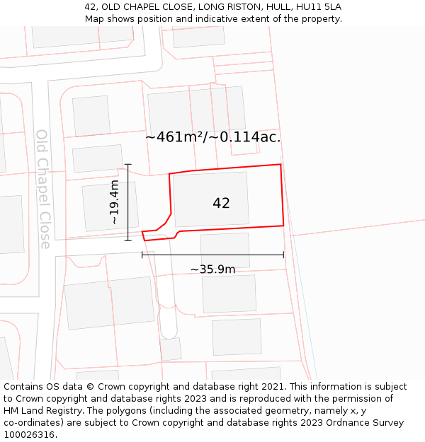 42, OLD CHAPEL CLOSE, LONG RISTON, HULL, HU11 5LA: Plot and title map