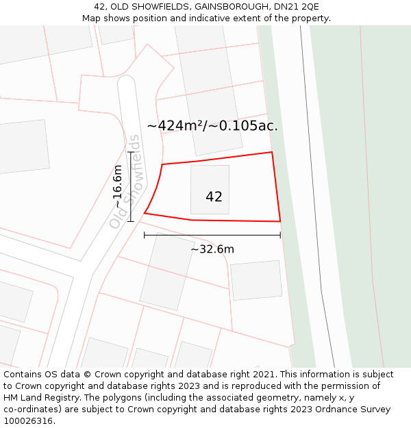 42, OLD SHOWFIELDS, GAINSBOROUGH, DN21 2QE: Plot and title map
