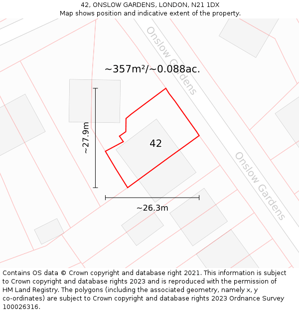 42, ONSLOW GARDENS, LONDON, N21 1DX: Plot and title map