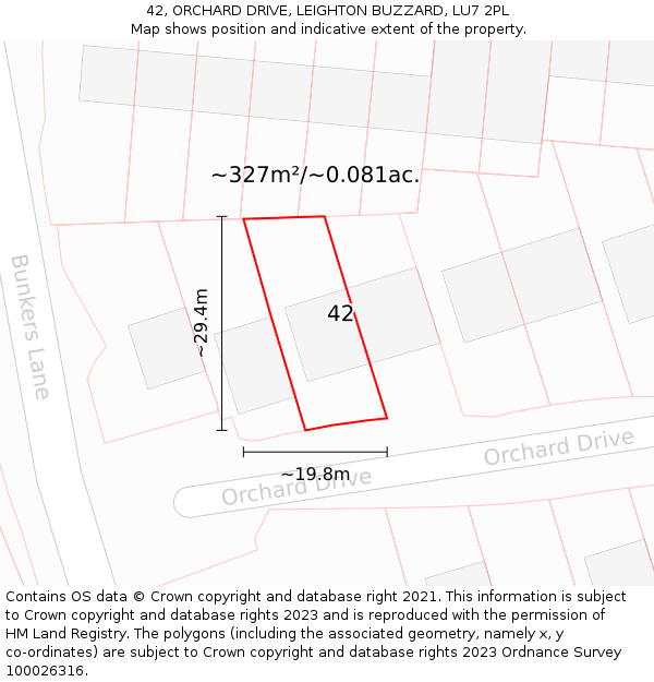 42, ORCHARD DRIVE, LEIGHTON BUZZARD, LU7 2PL: Plot and title map