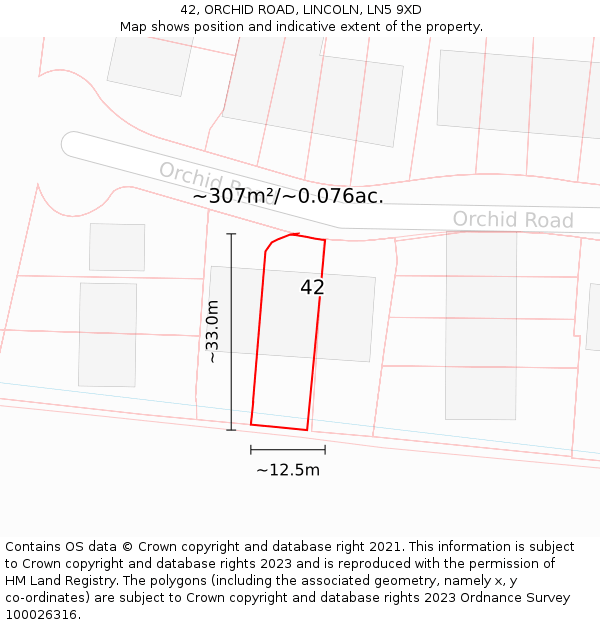 42, ORCHID ROAD, LINCOLN, LN5 9XD: Plot and title map