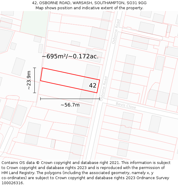 42, OSBORNE ROAD, WARSASH, SOUTHAMPTON, SO31 9GG: Plot and title map