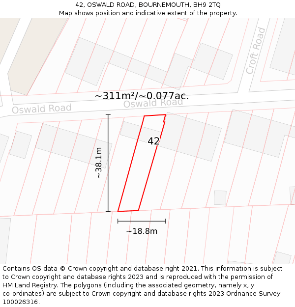42, OSWALD ROAD, BOURNEMOUTH, BH9 2TQ: Plot and title map