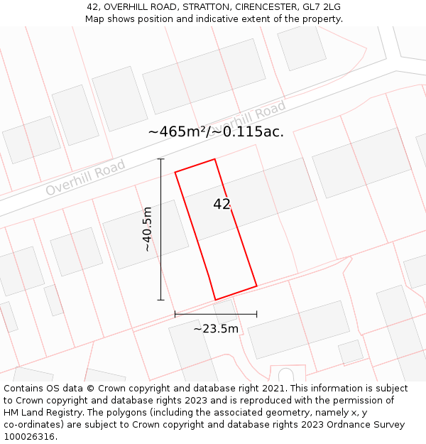 42, OVERHILL ROAD, STRATTON, CIRENCESTER, GL7 2LG: Plot and title map