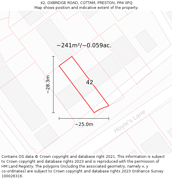 42, OXBRIDGE ROAD, COTTAM, PRESTON, PR4 0PQ: Plot and title map