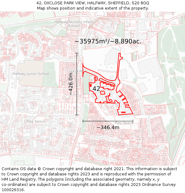 42, OXCLOSE PARK VIEW, HALFWAY, SHEFFIELD, S20 8GQ: Plot and title map