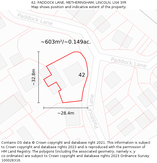 42, PADDOCK LANE, METHERINGHAM, LINCOLN, LN4 3YR: Plot and title map