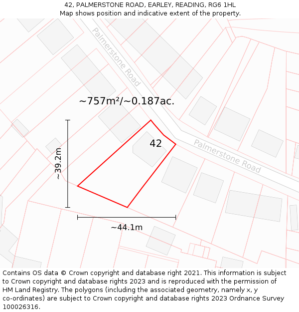 42, PALMERSTONE ROAD, EARLEY, READING, RG6 1HL: Plot and title map