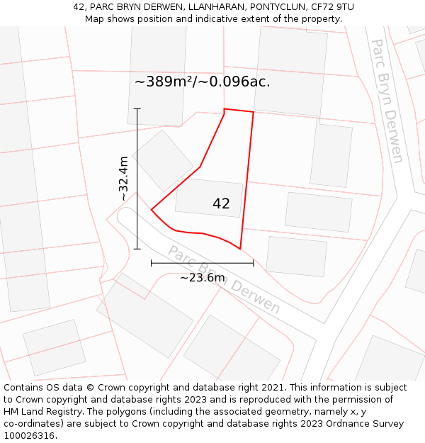 42, PARC BRYN DERWEN, LLANHARAN, PONTYCLUN, CF72 9TU: Plot and title map
