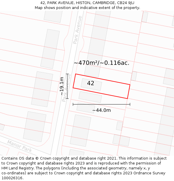 42, PARK AVENUE, HISTON, CAMBRIDGE, CB24 9JU: Plot and title map
