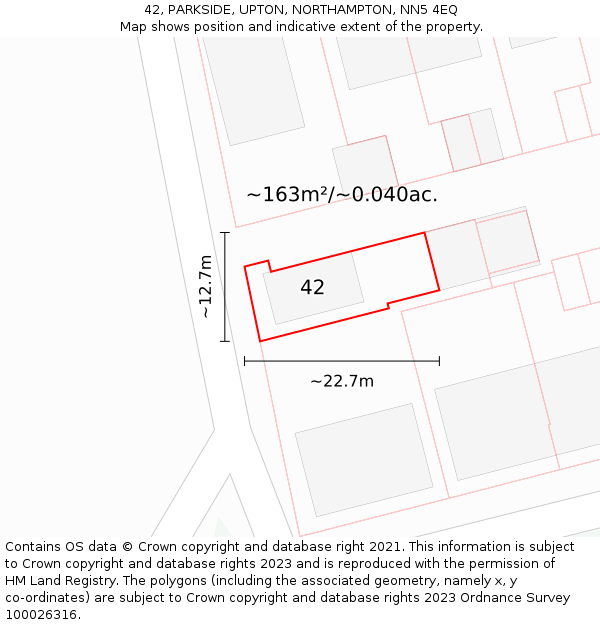 42, PARKSIDE, UPTON, NORTHAMPTON, NN5 4EQ: Plot and title map