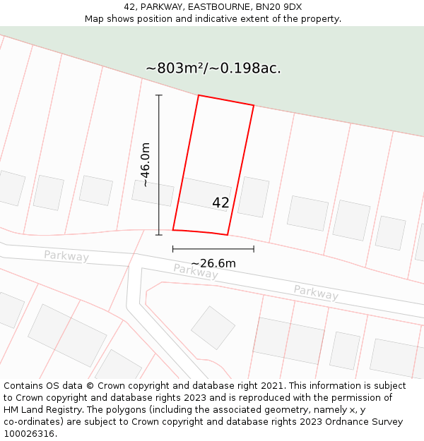 42, PARKWAY, EASTBOURNE, BN20 9DX: Plot and title map