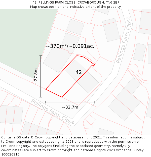 42, PELLINGS FARM CLOSE, CROWBOROUGH, TN6 2BF: Plot and title map
