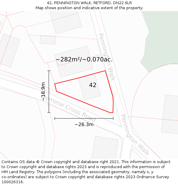 42, PENNINGTON WALK, RETFORD, DN22 6LR: Plot and title map