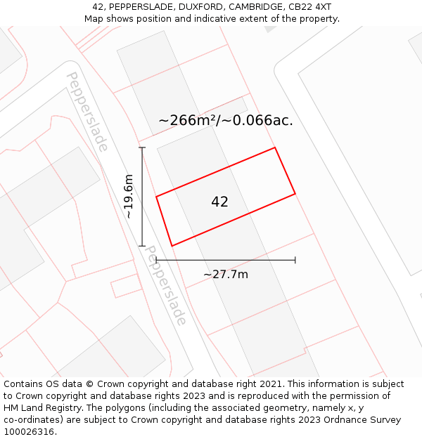 42, PEPPERSLADE, DUXFORD, CAMBRIDGE, CB22 4XT: Plot and title map