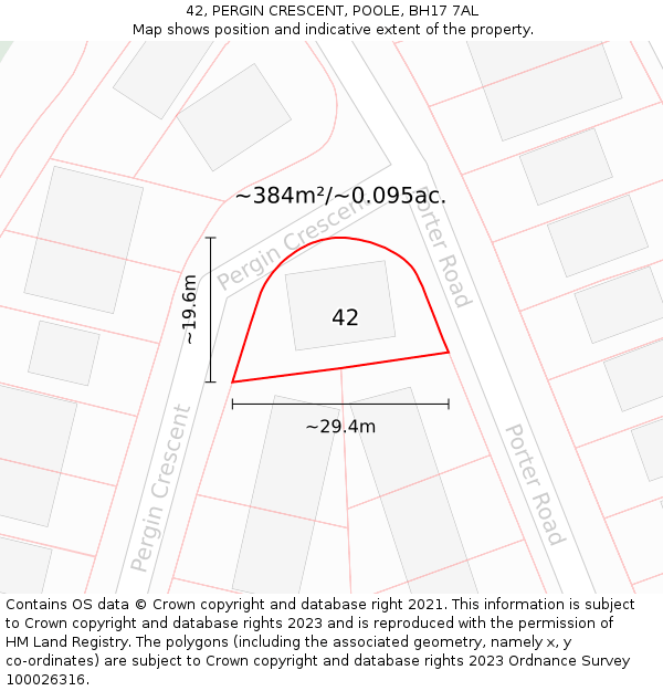 42, PERGIN CRESCENT, POOLE, BH17 7AL: Plot and title map