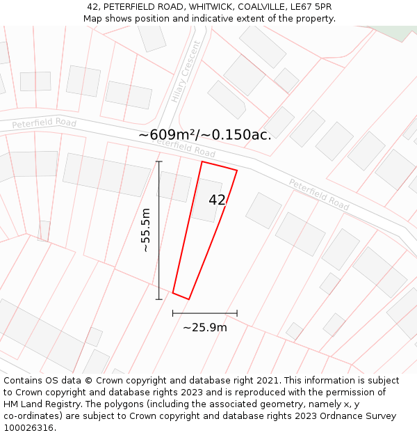 42, PETERFIELD ROAD, WHITWICK, COALVILLE, LE67 5PR: Plot and title map