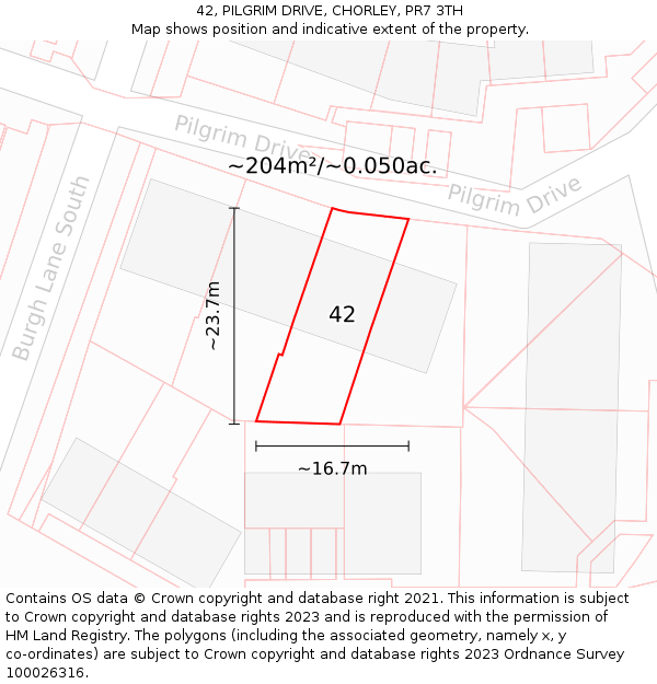 42, PILGRIM DRIVE, CHORLEY, PR7 3TH: Plot and title map