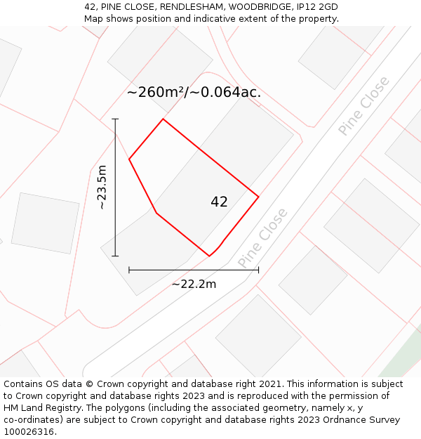 42, PINE CLOSE, RENDLESHAM, WOODBRIDGE, IP12 2GD: Plot and title map