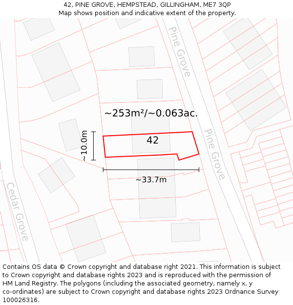 42, PINE GROVE, HEMPSTEAD, GILLINGHAM, ME7 3QP: Plot and title map
